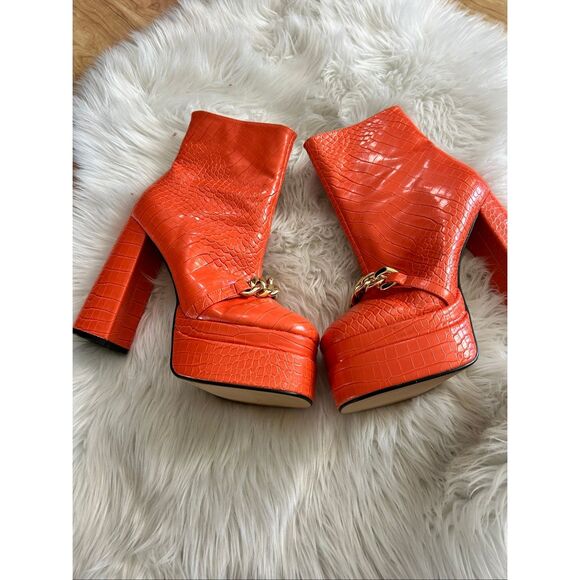 EGO Shoes - Ego orange Chunky Heels Short Boots, Waterproof Platform Back Zipper High Heel B